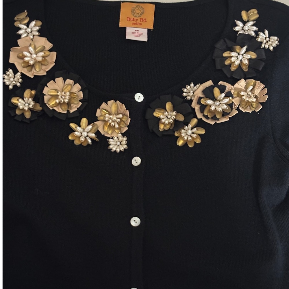 Ruby Rd Cardigan Womens PM Black Floral Beaded 3/4 Sleeve Button Front Excellent